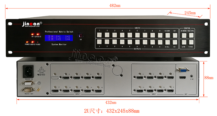 HDMI+A无缝画面分割器17进1出尺寸图